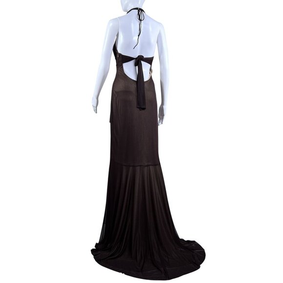 Cache Womens 8 Halter Backless Brown Gold Shimmer Evening Gown Rhinestone Accent - Picture 2 of 16